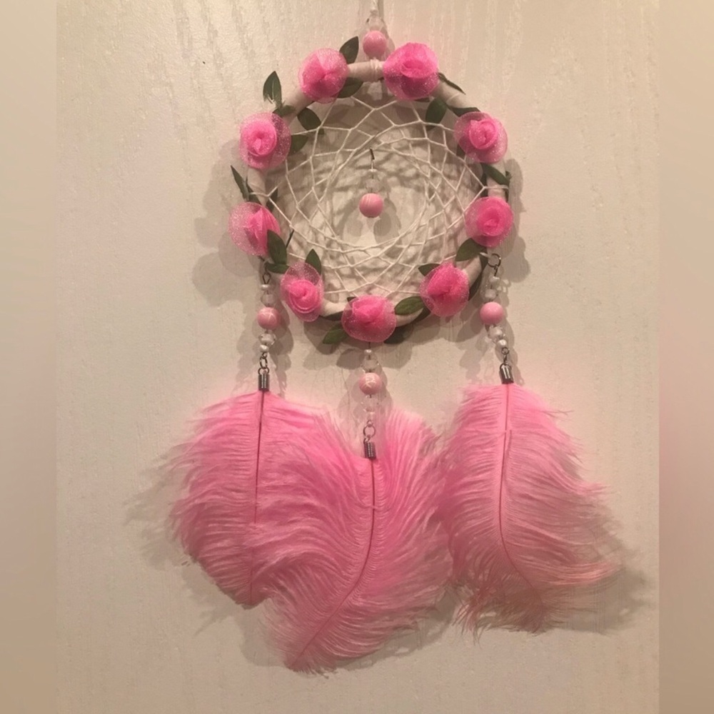 Pink Dreamcatcher with Feathers and Flowers